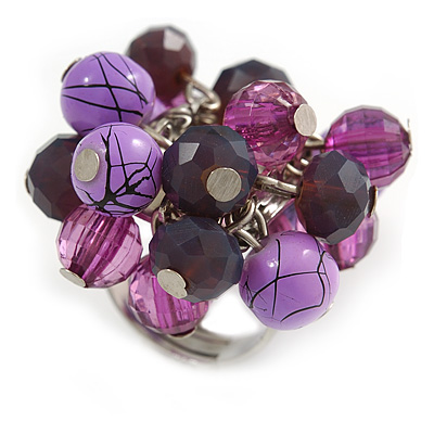 Purple/Lavender Glass and Ceramic Bead Cluster Ring in Silver Tone Metal - Adjustable 7/8