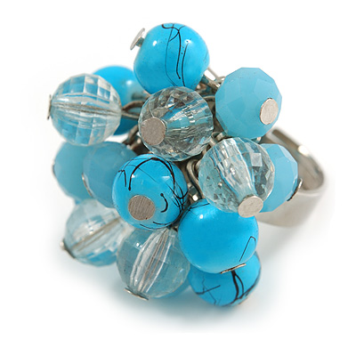 Transparent Glass and Light Blue Ceramic Bead Cluster Ring in Silver Tone Metal - Adjustable 7/8 - main view