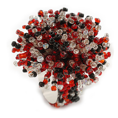 45mm Diameter Red/Black/Transparent Glass Bead Flower Stretch Ring/ Size S/M