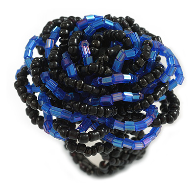 40mm Diameter/Black/ Admiral Blue Glass Bead Layered Flower Flex Ring/ Size M/L