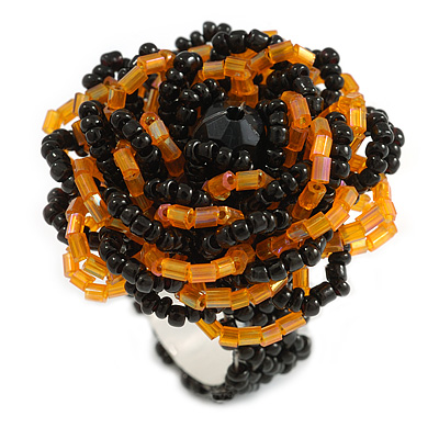 35mm Diameter/Pumpkin Orange/Black Glass Bead Layered Flower Flex Ring/ Size S/M - main view