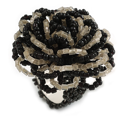 40mm Diameter/Black/Transparent Glass Bead Layered Flower Flex Ring/ Size M