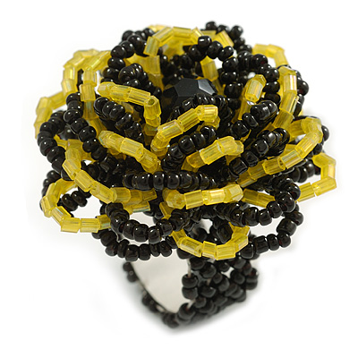 40mm Diameter/Black/Lemon Yellow Glass Bead Layered Flower Flex Ring/ Size M - main view