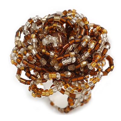 40mm Diameter/Brown/Gold/Transparent Glass Bead Layered Flower Flex Ring/ Size M - main view
