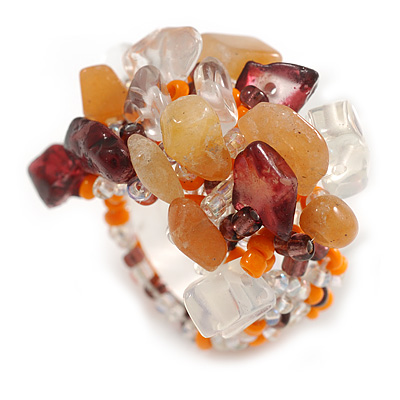 Caramel/Plum/Clear/Orange Glass Bead Cluster Band Style Flex Ring/ Size M