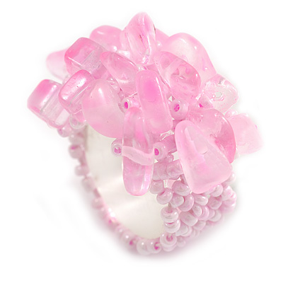 Pastel Pink Glass Bead and Stone Cluster Band Style Flex Ring/ Size M