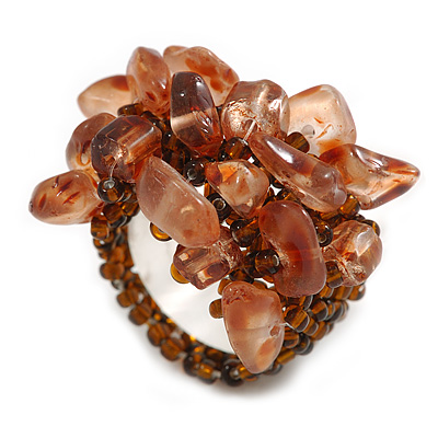 Brown Glass Bead and Glass Stone Cluster Band Style Flex Ring/ Size L