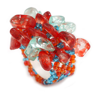 Red/Aqua/Light Blue Glass Bead and Glass Stone Cluster Band Style Flex Ring/ Size M