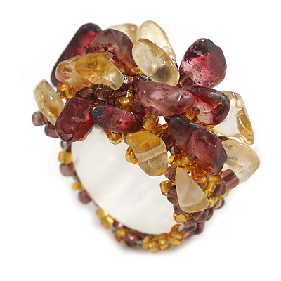 Plum/Gold Glass Bead and Glass Stone Cluster Band Style Flex Ring/ Size M