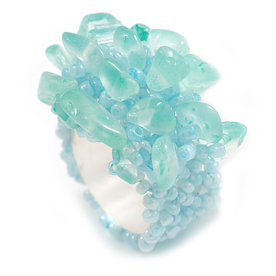 Aqua Glass Bead and Glass Stone Cluster Band Style Flex Ring/ Size M