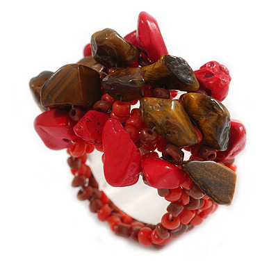 Red/Brown Glass Bead and Semiprecious Stone Cluster Band Style Flex Ring/ Size M