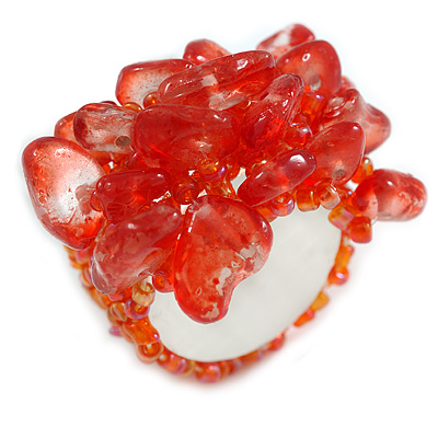 Red Glass Stone and  Orange Glass Bead Cluster Band Style Flex Ring/ Size M