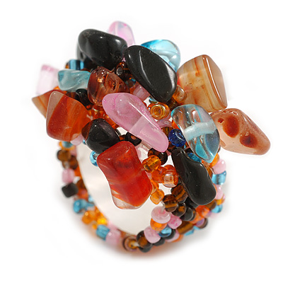 Multicoloured Glass Bead Cluster Band Style Flex Ring/ Size M - main view