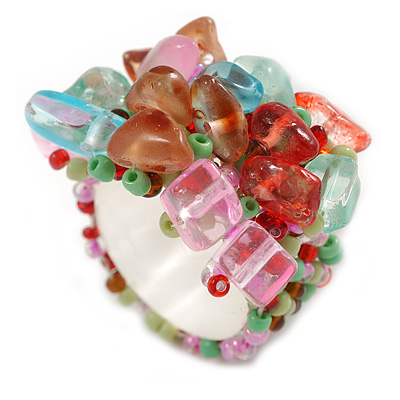 Summery Style Multicoloured Glass Bead Cluster Band Style Flex Ring/ Size M - main view