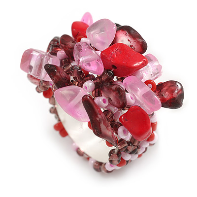 Pink/Plum/Red Glass Bead and Stone Cluster Band Style Flex Ring/ Size M - main view