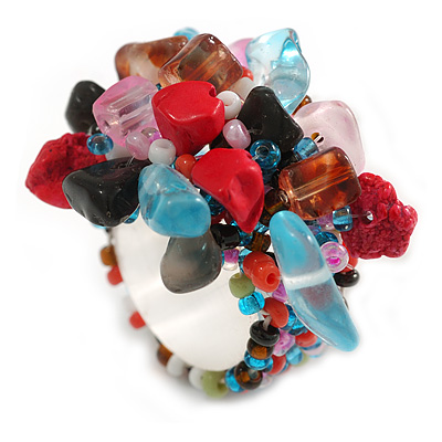 Fancy Multicoloured Glass Bead Cluster Band Style Flex Ring/ Size M/L
