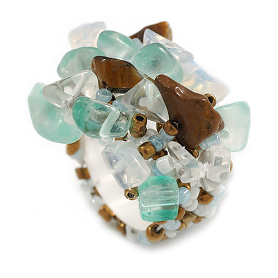 Clear/Aqua/Brown/White Glass Bead and Glass Stone Cluster Band Style Flex Ring/ Size M