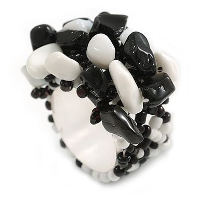 Black/White Glass Bead Cluster Band Style Flex Ring/ Size L - main view