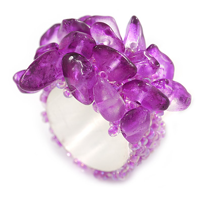 Purple Pink Glass Bead and Glass Stone Cluster Band Style Flex Ring/ Size S/M