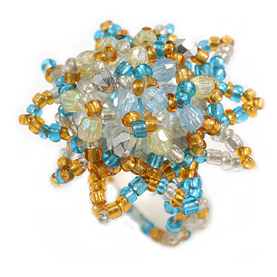 35mm D/Gold/Aqua/Transparent Glass and Acrylic Bead Sunflower Stretch Ring - Size S