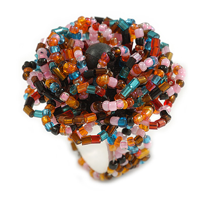 35mm Diameter/Multicoloured Glass Bead Layered Flower Flex Ring/ Size M