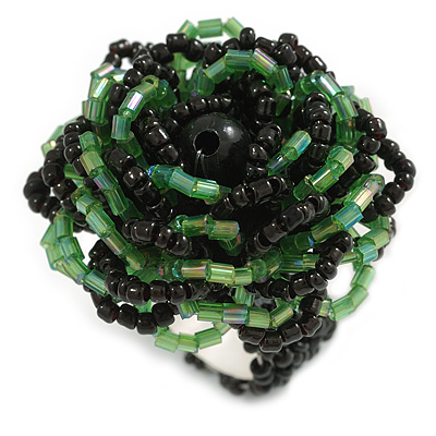 40mm Diameter/Black/ Spring Green Glass Bead Layered Flower Flex Ring/ Size S/M