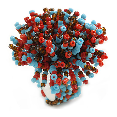 45mm Diameter Multicoloured Glass Bead Flower Stretch Ring/Light Blue/Red/Amber/Size M