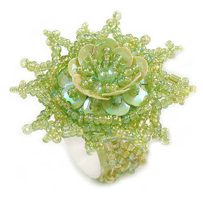 45mm Light Green Shiny Glass and Sequin Star Flex Ring/Size M