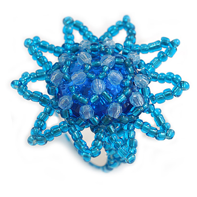 35mm D/Turquoise Blue Glass and Acrylic Bead Sunflower Stretch Ring - Size M/L