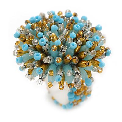 40mm Diameter/Light Blue/Gold/Transparent Acrylic/Glass Bead Daisy Flower Flex Ring - Size M