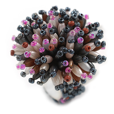 40mm Diameter/Light Pink/Hematite/Brown Acrylic/Glass Bead Daisy Flower Flex Ring - Size M