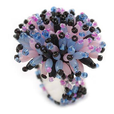 40mm Diameter/Pink/Light Blue/Black Acrylic/Glass Bead Daisy Flower Flex Ring - Size M - main view