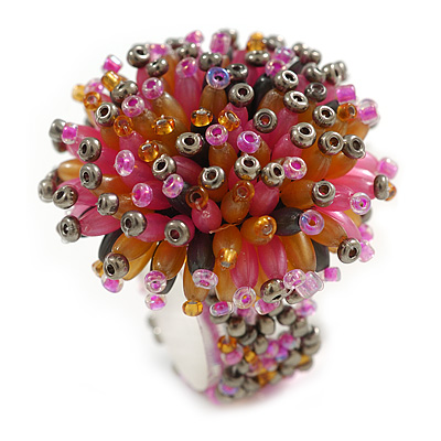 40mm Diameter/Pink/Orange/Hematite Glass Bead Daisy Flower Flex Ring - Size M