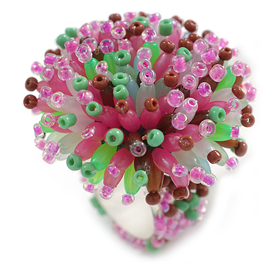 40mm Diameter/Pink/Green/Brown Glass Bead Daisy Flower Flex Ring - Size M