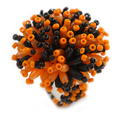 40mm Diameter/ Black/Orange Acrylic/Glass Bead Daisy Flower Flex Ring - Size M