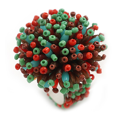 40mm Diameter/Green/Brown/Red Acrylic/Glass Bead Daisy Flower Flex Ring - Size M - main view