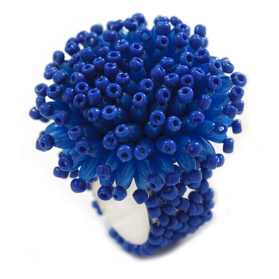 40mm Diameter/ Blue Acrylic/Glass Bead Daisy Flower Flex Ring - Size M - main view