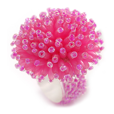 40mm Diameter/ Pink Acrylic/Glass Bead Daisy Flower Flex Ring - Size M