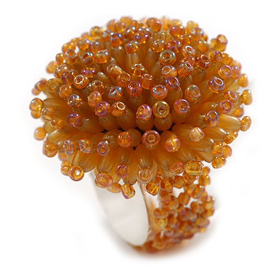 40mm Diameter/ Gold Coloured Acrylic/Glass Bead Daisy Flower Flex Ring - Size M