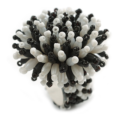 40mm Diameter/ Black/White Acrylic/Glass Bead Daisy Flower Flex Ring - Size M