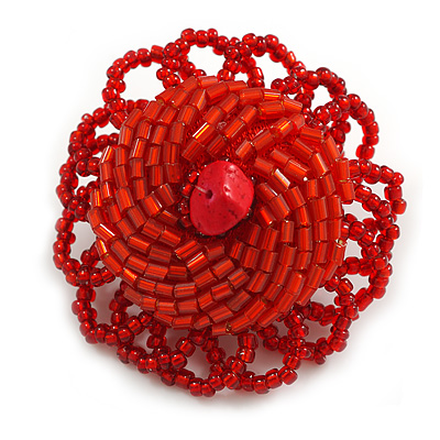 40mm Diameter/ Scarlet Red Glass Bead Daisy Flower Flex Ring/ Size M