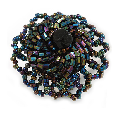 40mm Diameter/Peacock Coloured Glass Bead Daisy Flower Flex Ring/ Size M/L
