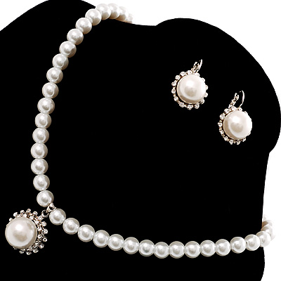 Silver Tone Glass Pearl Costume Jewellry Set - main view