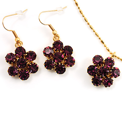 Purple CZ Daisy Necklace And Drop Earring Costume Set In Gold Tone