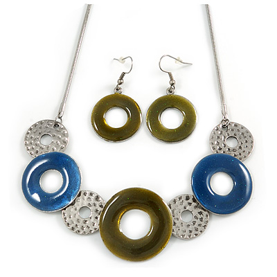 Bold Circle&Disk Enamel Necklace&Earring Set (Blue&Olive)