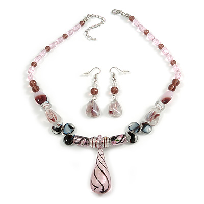 Romantic Pink Teardrop Pendant & Earrings Glass Fashion Set