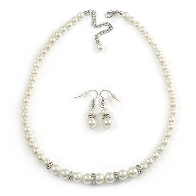 White Classic Simulated Glass Pearl Necklace & Drop Earring Set - main view