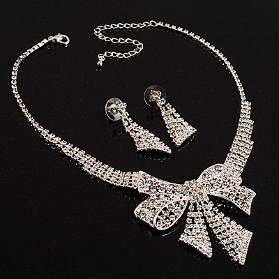 Clear Crystal Bow Necklace And Earring Set