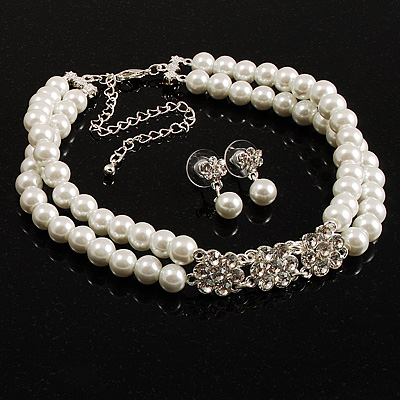 Imitation Pearl Crystal Floral Choker And Earring Set (Snow White&Clear)