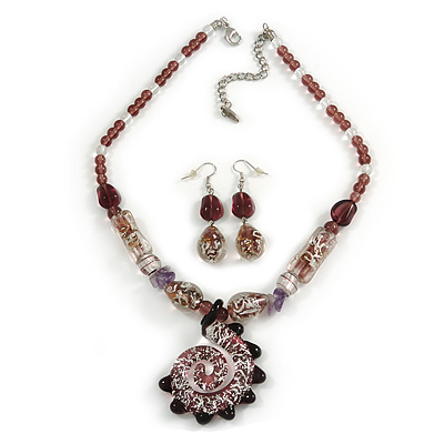 Purple With Silver Foil Glass And Amethyst Chips Stone Necklace And Drop Earrings Set - main view